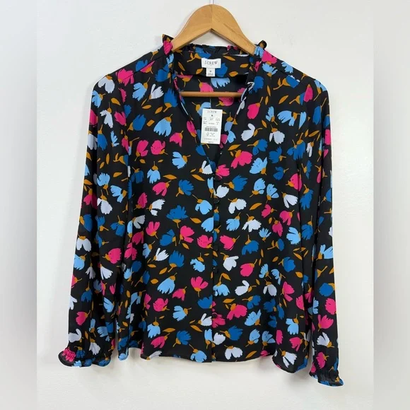 NWT J.CREW Top  Floral Ruffle Neck Button Down Blouse size S - Picture 2 of 9